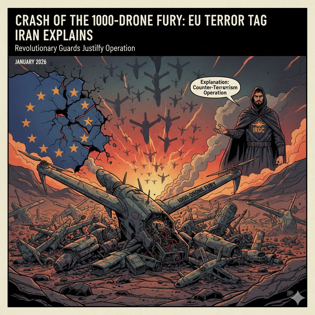 The crash of the 1000-Drone Fury Crashing EU Terror Tag on Revolutionary Guards Explained by Iran.