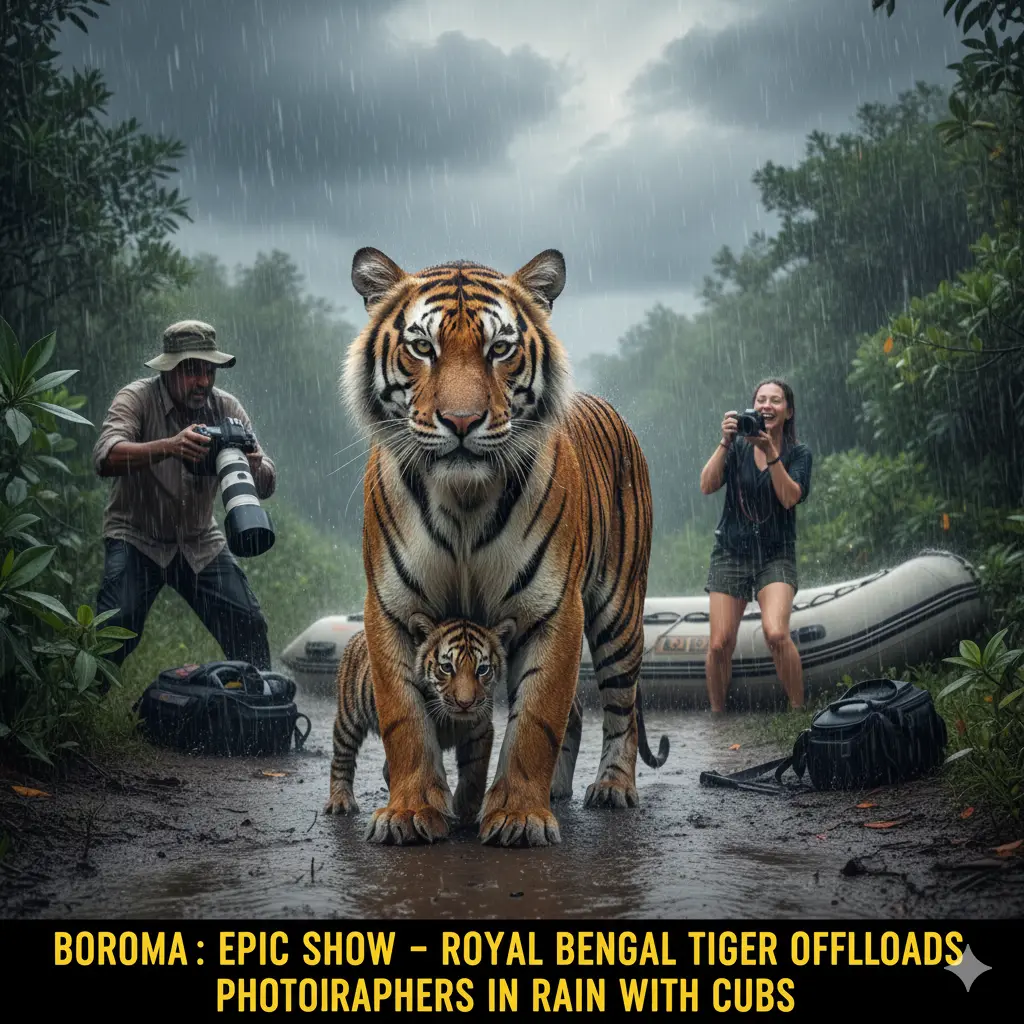 Boroma the Royal Bengal Tiger Offloads Photographers in Rain with Cubs Epic Show