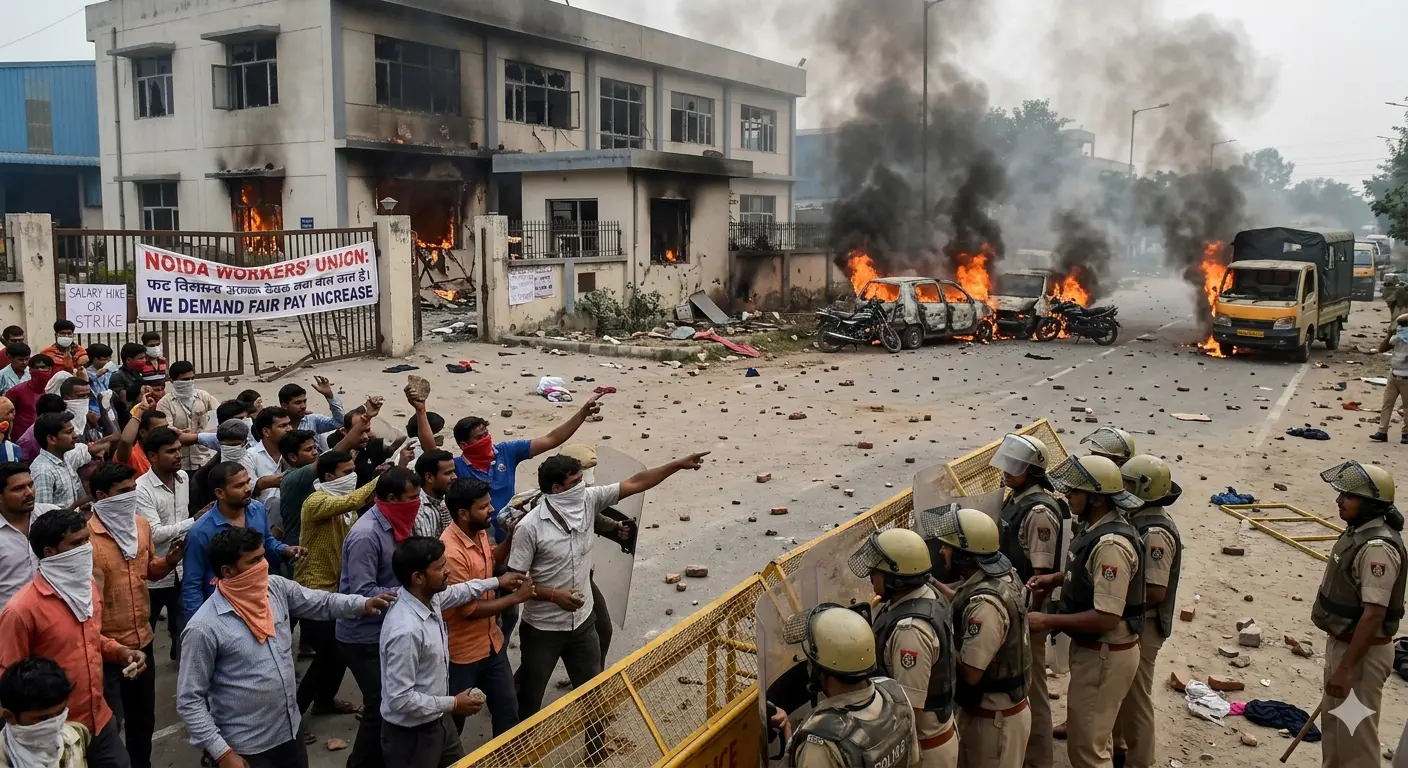 Noida Workers Angry Over Pay Increase Demand Clash With Police Set Vehicles On Fire Damage Buildings